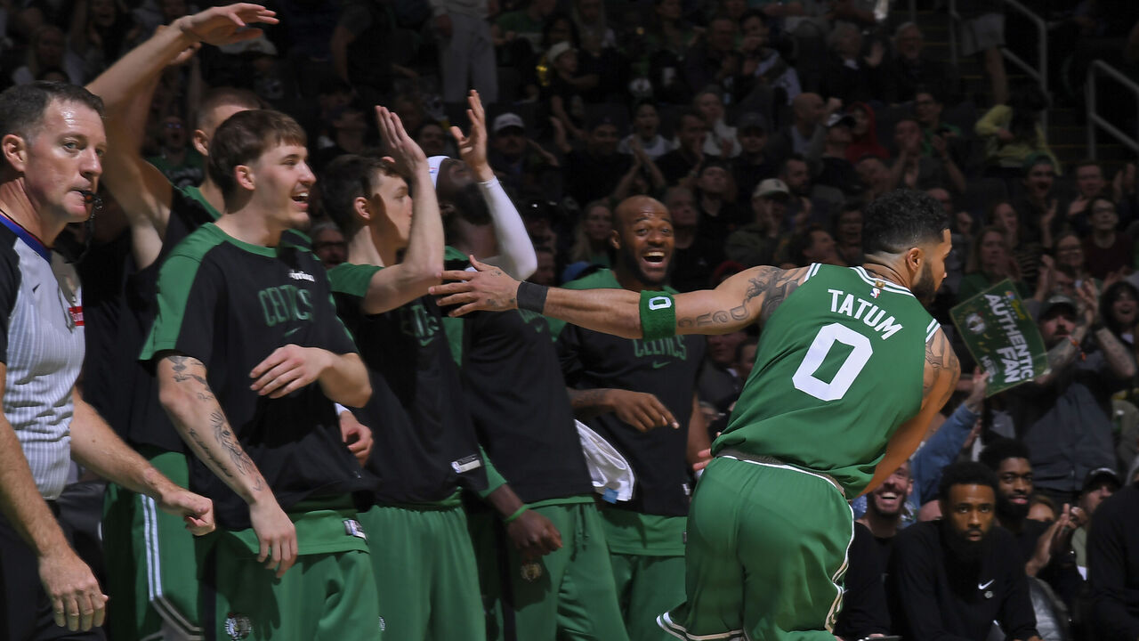 BOSTON, MA - APRIL 4: Jayson Tatum #0 of the Boston Celtics celebrates during the game against the Phoenix Suns on April 4, 2025 at TD Garden in Boston, Massachusetts. NOTE TO USER: User expressly acknowledges and agrees that, by downloading and/or using this Photograph, user is consenting to the terms and conditions of the Getty Images License Agreement. Mandatory Copyright Notice: Copyright 2025 NBAE