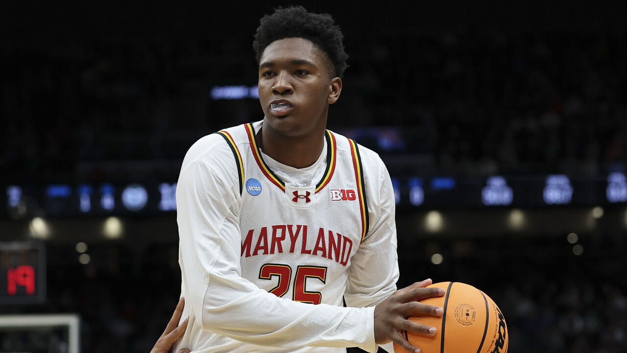 SEATTLE, WASHINGTON - MARCH 23: Derik Queen #25 of the Maryland Terrapins controls the ball during the the second round of the NCAA Men's Basketball Tournament against the Colorado State Rams at Climate Pledge Arena on March 23, 2025 in Seattle, Washington. The Maryland Terrapins won 72-71.