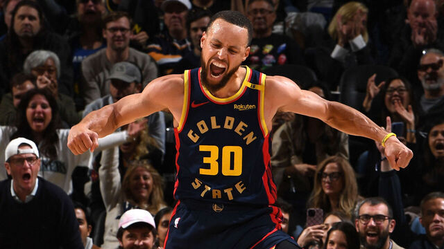 SAN FRANCISCO, CA - APRIL 4: Stephen Curry #30 of the Golden State Warriors celebrates during the game against the Denver Nuggets on April 4, 2025 at Chase Center in San Francisco, California. NOTE TO USER: User expressly acknowledges and agrees that, by downloading and or using this photograph, user is consenting to the terms and conditions of Getty Images License Agreement. Mandatory Copyright Notice: Copyright 2025 NBAE