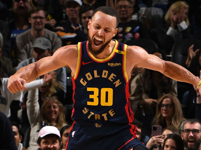 SAN FRANCISCO, CA - APRIL 4: Stephen Curry #30 of the Golden State Warriors celebrates during the game against the Denver Nuggets on April 4, 2025 at Chase Center in San Francisco, California. NOTE TO USER: User expressly acknowledges and agrees that, by downloading and or using this photograph, user is consenting to the terms and conditions of Getty Images License Agreement. Mandatory Copyright Notice: Copyright 2025 NBAE