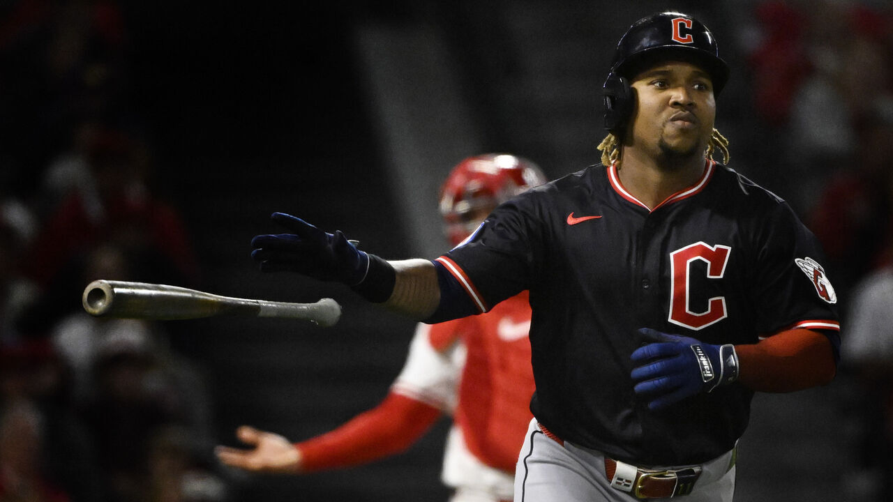 Anaheim, CA - April 04: José Ramírez #11 of the Cleveland Guardians watches his two run home run against the Los Angeles Angels in the fifth inning of a baseball game at Angel Stadium in Anaheim on Friday, April 4, 2025.