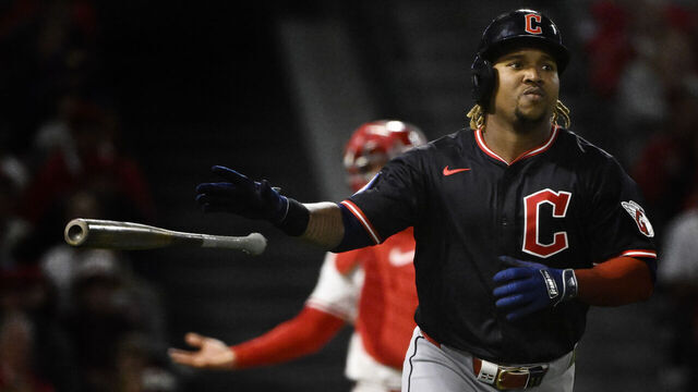 Anaheim, CA - April 04: José Ramírez #11 of the Cleveland Guardians watches his two run home run against the Los Angeles Angels in the fifth inning of a baseball game at Angel Stadium in Anaheim on Friday, April 4, 2025.