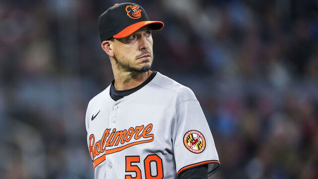TORONTO, CANADA - MARCH 28: Charlie Morton #50 of the Baltimore Orioles looks on against the Toronto Blue Jays at Rogers Centre on March 28, 2025 in Toronto, Canada.