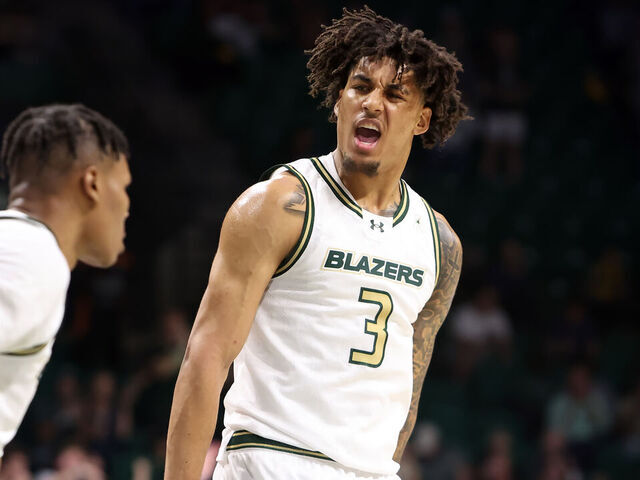 BIRMINGHAM, AL - NOVEMBER 07: UAB Blazers forward Yaxel Lendeborg (3) during the game between the UAB Blazers and the Southern Miss Golden Eagles on November 7, 2024 at Bartow Arena in Birmingham, Alabama.