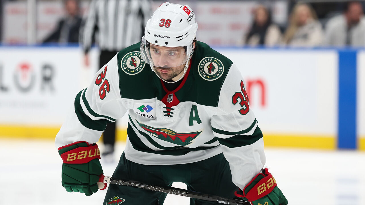 ELMONT, NEW YORK - APRIL 04: Mats Zuccarello #36 of the Minnesota Wild looks on during the third period of a game against the New York Islanders at UBS Arena on April 4, 2024 in Elmont, New York.