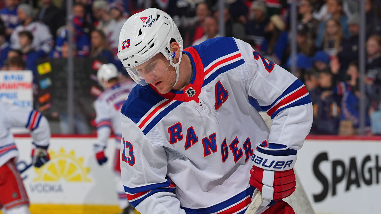 NEWARK, NJ - APRIL 05: Adam Fox #23 of the New York Rangers skates during warm up prior to the game against the New Jersey Devils at Prudential Center on April 5, 2025 in Newark, New Jersey.