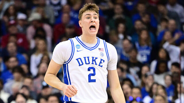 NEWARK, NEW JERSEY - MARCH 29: Cooper Flagg #2 of the Duke Blue Devils dribbles the ball during the first half of the game against the Alabama Crimson Tide during the Elite Eight round of the 2025 NCAA Men's Basketball Tournament held at Prudential Center on March 29, 2025 in Newark, New Jersey.