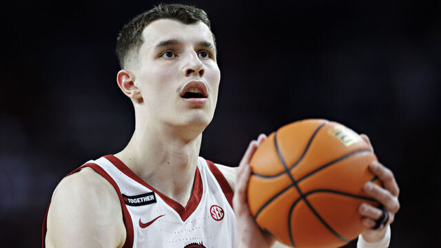 FAYETTEVILLE, ARKANSAS - FEBRUARY 22: Zvonimir Ivisic #44 of the Arkansas Razorbacks shoots a free throw during a game against the Missouri Tigers at Bud Walton Arena on February 22, 2025 in Fayetteville, Arkansas. The Razorbacks defeated the Tigers 92-85.