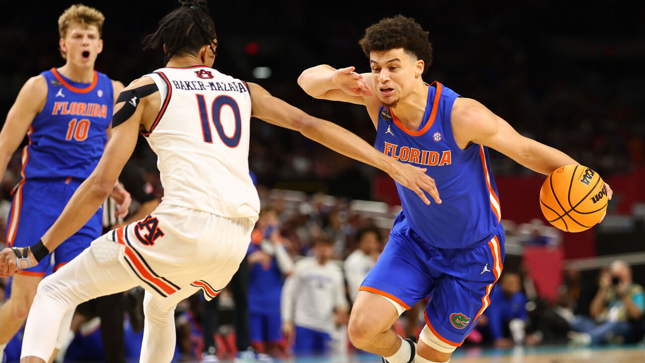 SAN ANTONIO, TEXAS - APRIL 05: Walter Clayton Jr. #1 of the Florida Gators drives the ball during the first half in the Final Four Game of the NCAA Men's Basketball Tournament at Alamodome on April 05, 2025 in San Antonio, Texas.