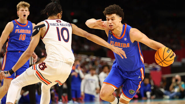 SAN ANTONIO, TEXAS - APRIL 05: Walter Clayton Jr. #1 of the Florida Gators drives the ball during the first half in the Final Four Game of the NCAA Men's Basketball Tournament at Alamodome on April 05, 2025 in San Antonio, Texas.