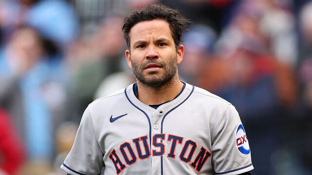 MINNEAPOLIS, MINNESOTA - APRIL 03: Jose Altuve #27 of the Houston Astros reacts to striking out against the Minnesota Twins in the ninth inning during the home opener at Target Field on April 03, 2025 in Minneapolis, Minnesota. The Astros defeated the Twins 5-2.