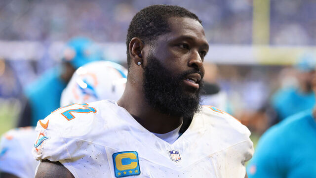 INDIANAPOLIS, INDIANA - OCTOBER 20: Terron Armstead #72 of the Miami Dolphins walks off the field at halftime against the Indianapolis Colts at Lucas Oil Stadium on October 20, 2024 in Indianapolis, Indiana.