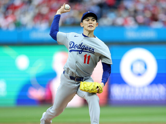 PHILADELPHIA, PENNSYLVANIA - APRIL 05: Roki Sasaki #11 of the Los Angeles Dodgers pitches during the first inning against the Philadelphia Phillies at Citizens Bank Park on April 05, 2025 in Philadelphia, Pennsylvania.