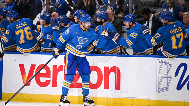 ST. LOUIS, MO - APRIL 5: Pavel Buchnevich #89 of the St. Louis Blues celebrates with teammates after scoring a goal against the Colorado Avalanche on April 5, 2025 at the Enterprise Center in St. Louis, Missouri.