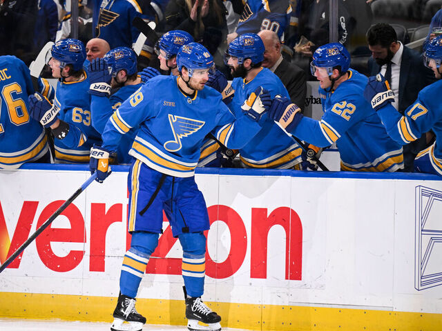 ST. LOUIS, MO - APRIL 5: Pavel Buchnevich #89 of the St. Louis Blues celebrates with teammates after scoring a goal against the Colorado Avalanche on April 5, 2025 at the Enterprise Center in St. Louis, Missouri.
