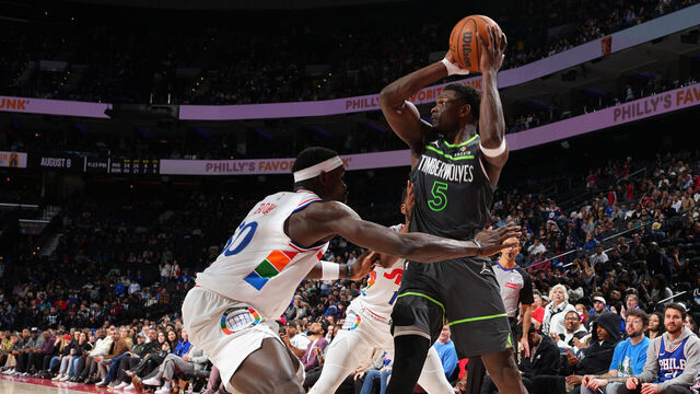 PHILADELPHIA, PA - APRIL 5: Anthony Edwards #5 of the Minnesota Timberwolves passes the ball during the game against the Philadelphia 76ers on April 5, 2025 at the Wells Fargo Center in Philadelphia, Pennsylvania NOTE TO USER: User expressly acknowledges and agrees that, by downloading and/or using this Photograph, user is consenting to the terms and conditions of the Getty Images License Agreement. Mandatory Copyright Notice: Copyright 2025 NBAE