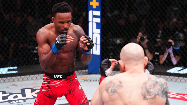 LAS VEGAS, NEVADA - APRIL 05: Lerone Murphy of England battles Josh Emmett in their featherweight fight during the UFC Fight Night event at UFC APEX on April 05, 2025 in Las Vegas, Nevada.