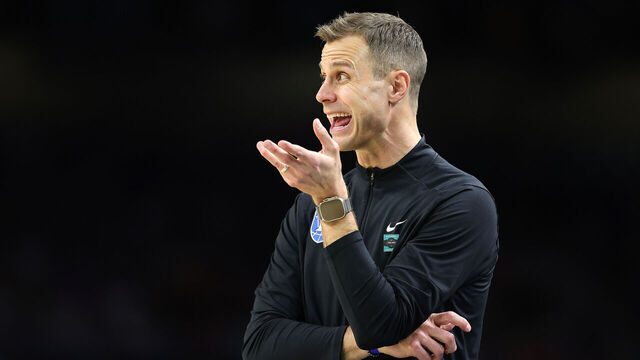 SAN ANTONIO, TEXAS - APRIL 05: Head Coach Jon Scheyer of the Duke Blue Devils reacts during the second half of the Final Four game of the NCAA Men's Basketball Tournament against the Houston Cougars at the Alamodome on April 05, 2025 in San Antonio, Texas.