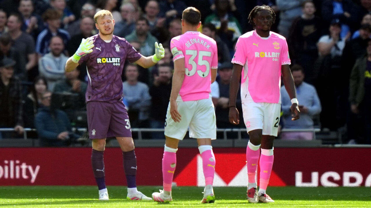 Southampton goalkeeper Aaron Ramsdale (left) and team-mates react after Tottenham Hotspur's Brennan Johnson (not pictured) scores their side's first goal of the game during the Premier League match at Tottenham Hotspur Stadium, London. Picture date: Sunday April 6, 2025.