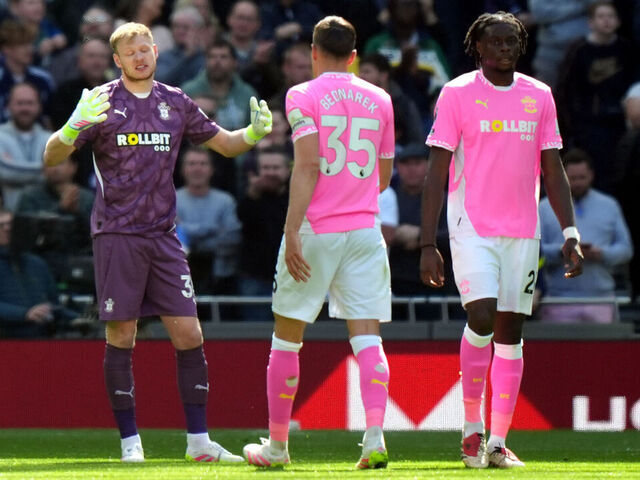 Southampton goalkeeper Aaron Ramsdale (left) and team-mates react after Tottenham Hotspur's Brennan Johnson (not pictured) scores their side's first goal of the game during the Premier League match at Tottenham Hotspur Stadium, London. Picture date: Sunday April 6, 2025.