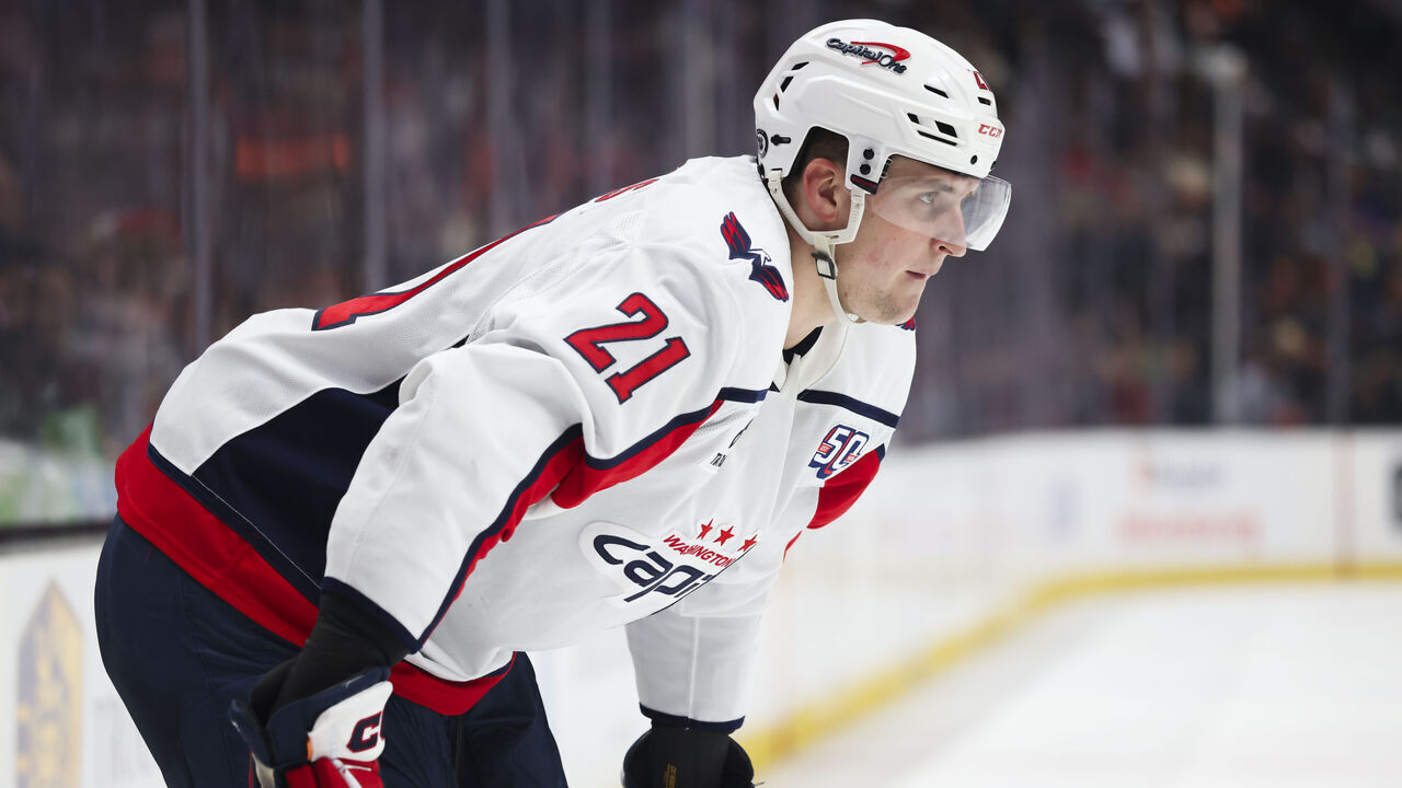 ANAHEIM, CA - MARCH 11: Aliaksei Protas #21 of the Washington Capitals waits for a face-off in the second period of the game against the Anaheim Ducks on March 11, 2025 at Honda Center in Anaheim, California.