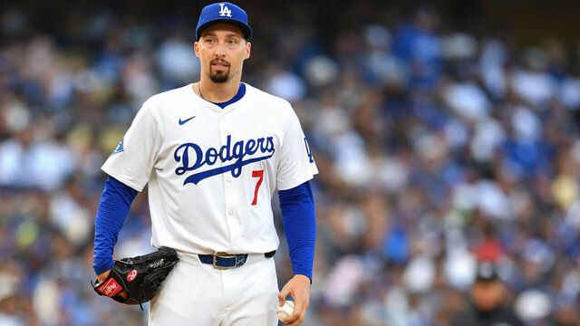 LOS ANGELES, CA - APRIL 02: Los Angeles Dodgers pitcher Blake Snell (7) looks on during the MLB game between the Atlanta Braves and the Los Angeles Dodgers on April 2, 2025 at Dodger Stadium in Los Angeles, CA.