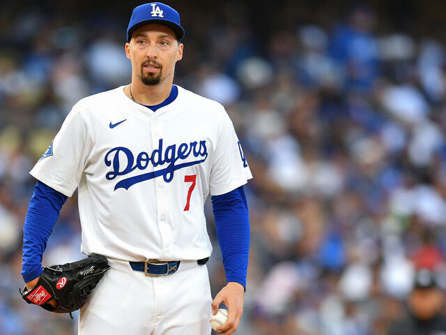 LOS ANGELES, CA - APRIL 02: Los Angeles Dodgers pitcher Blake Snell (7) looks on during the MLB game between the Atlanta Braves and the Los Angeles Dodgers on April 2, 2025 at Dodger Stadium in Los Angeles, CA.