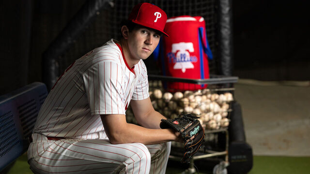 CLEARWATER, FL - FEBRUARY 20: Andrew Painter #76 of the Philadelphia Phillies poses for a photo during the Philadelphia Phillies Photo Day at BayCare Ballpark on Thursday, February 20, 2025 in Clearwater, Florida.
