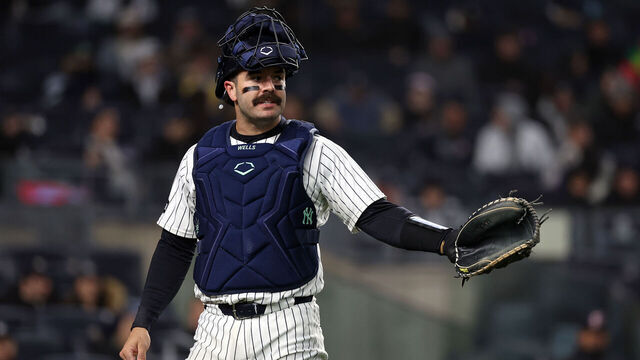 NEW YORK, NY - APRIL 02: Austin Wells #28 of the New York Yankees looks on during the game against the Arizona Diamondbacks at Yankee Stadium on April 2, 2025 in New York, New York.