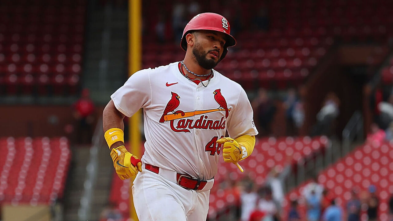 ST LOUIS, MISSOURI - APRIL 2: Iván Herrera #48 of the St. Louis Cardinals rounds the bases after hitting a three-run home run, his third home run of the game, against the Los Angeles Angels in the eighth inning at Busch Stadium on April 2, 2025 in St Louis, Missouri.