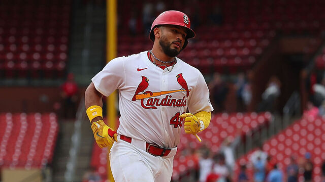 ST LOUIS, MISSOURI - APRIL 2: Iván Herrera #48 of the St. Louis Cardinals rounds the bases after hitting a three-run home run, his third home run of the game, against the Los Angeles Angels in the eighth inning at Busch Stadium on April 2, 2025 in St Louis, Missouri.
