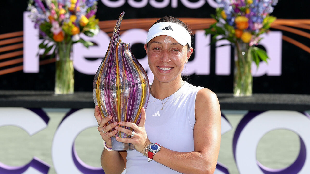 CHARLESTON, SOUTH CAROLINA - APRIL 06: Jessica Pegula of United States poses with the trophy after defeating Sofia Kenin of United States during the final of the Credit One Charleston Open at Credit One Stadium on April 06, 2025 in Charleston, South Carolina.