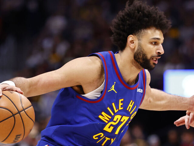 DENVER, COLORADO - MARCH 24: Jamal Murray #27 of the Denver Nuggets handles the ball in the first quarter against the Chicago Bulls at Ball Arena on March 24, 2025 in Denver, Colorado.