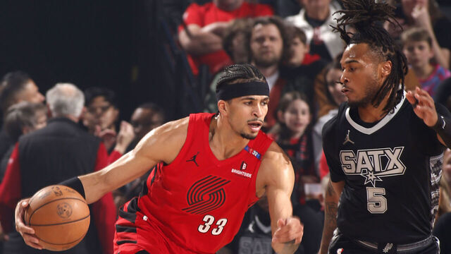 PORTLAND, OR - APRIL 6: Toumani Camara #33 of the Portland Trail Blazers handles the ball during the game against the San Antonio Spurs on April 6, 2025 at the Moda Center Arena in Portland, Oregon. Mandatory Copyright Notice: Copyright 2025 NBAE