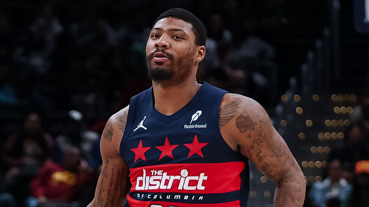 WASHINGTON, DC - MARCH 24: Marcus Smart #36 of the Washington Wizards brings the ball up court Toronto Raptors during the second half at Capital One Arena on March 24, 2025 in Washington, DC.