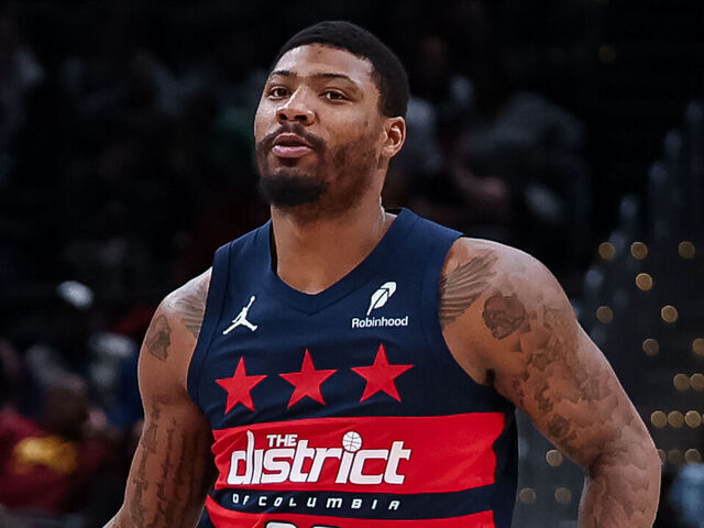 WASHINGTON, DC - MARCH 24: Marcus Smart #36 of the Washington Wizards brings the ball up court Toronto Raptors during the second half at Capital One Arena on March 24, 2025 in Washington, DC.