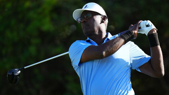 BOCA RATON, FLORIDA - APRIL 04: Vijay Singh takes his shot on the on the 9th during the first round of the James Hardie Pro-Football Hall of Fame Invitational 2025 at The Old Course at Broken Sound on April 04, 2025 in Boca Raton, Florida.