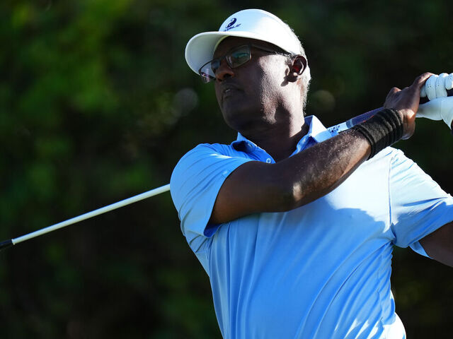 BOCA RATON, FLORIDA - APRIL 04: Vijay Singh takes his shot on the on the 9th during the first round of the James Hardie Pro-Football Hall of Fame Invitational 2025 at The Old Course at Broken Sound on April 04, 2025 in Boca Raton, Florida.