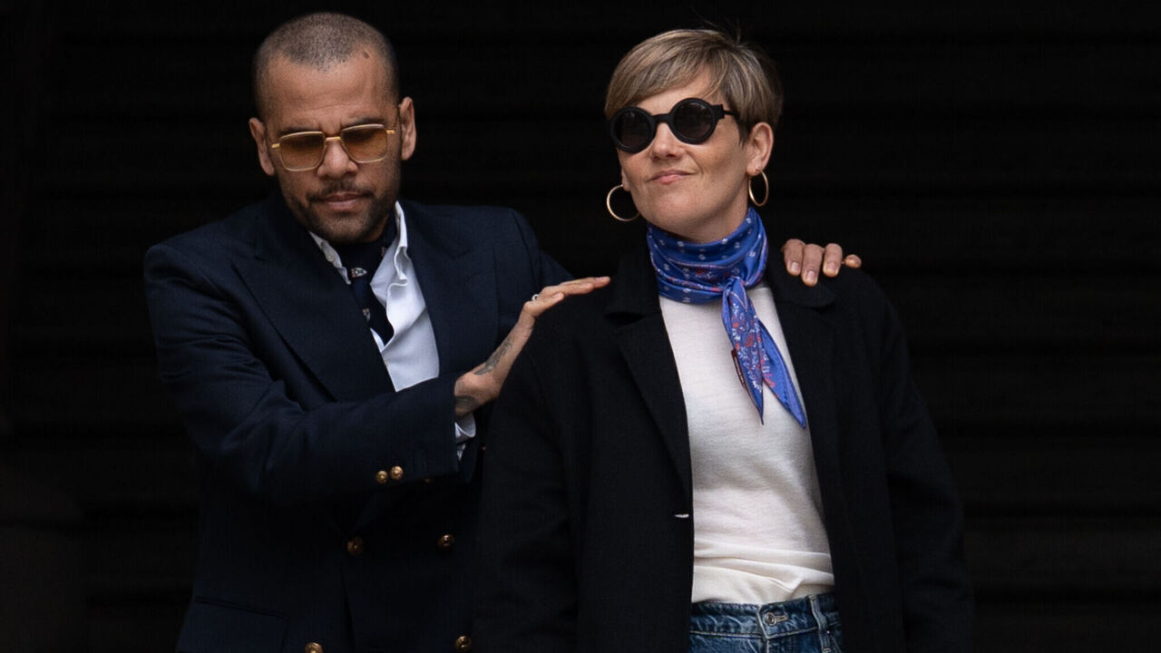 BARCELONA CATALONIA, SPAIN - APRIL 04: Former soccer player Dani Alves and his lawyer, Ines Guardiola, as they leave the Palace of Justice, on April 4, 2025, in Barcelona, Catalonia, Spain. Dani Alves has gone to the Palace of Justice for the Barcelona Court to return his passports, the Brazilian and Spanish, after being acquitted last March 28 of the conviction of sexual assault on a young woman at the Sutton nightclub in December 2022.