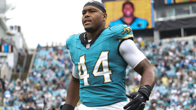 JACKSONVILLE, FLORIDA - OCTOBER 06: Travon Walker #44 of the Jacksonville Jaguars runs out of the tunnel prior to an NFL football game against the Indianapolis Colts at EverBank Stadium on October 6, 2024 in Jacksonville, Florida.