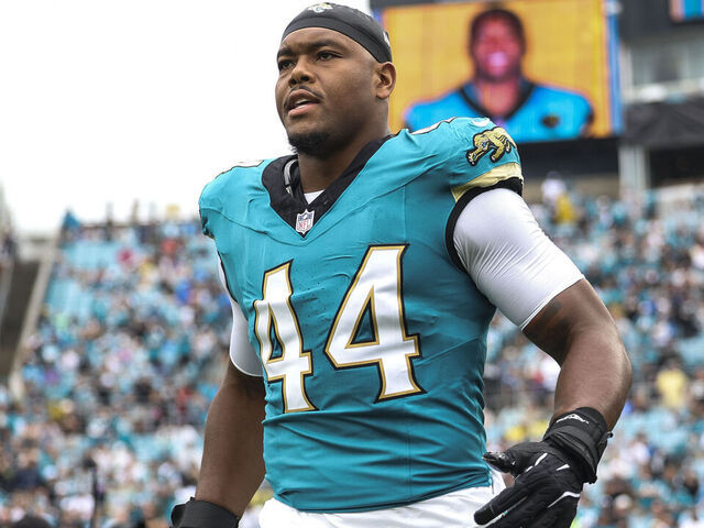 JACKSONVILLE, FLORIDA - OCTOBER 06: Travon Walker #44 of the Jacksonville Jaguars runs out of the tunnel prior to an NFL football game against the Indianapolis Colts at EverBank Stadium on October 6, 2024 in Jacksonville, Florida.