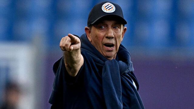Montpellier's French head coach Jean-Louis Gasset gestures during the French L1 football match between Montpellier Herault SC and Le Havre AC at Stade de la Mosson in Montpellier, southern France on April 6, 2025.