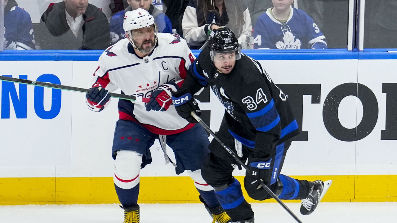TORONTO, ON - MARCH 28: Alex Ovechkin #8 of the Washington Capitals skates against Auston Matthews #34 of the Toronto Maple Leafs during the first period at Scotiabank Arena on March 28, 2024 in Toronto, Ontario, Canada.