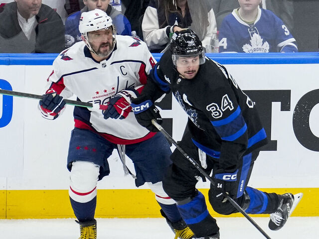 TORONTO, ON - MARCH 28: Alex Ovechkin #8 of the Washington Capitals skates against Auston Matthews #34 of the Toronto Maple Leafs during the first period at Scotiabank Arena on March 28, 2024 in Toronto, Ontario, Canada.