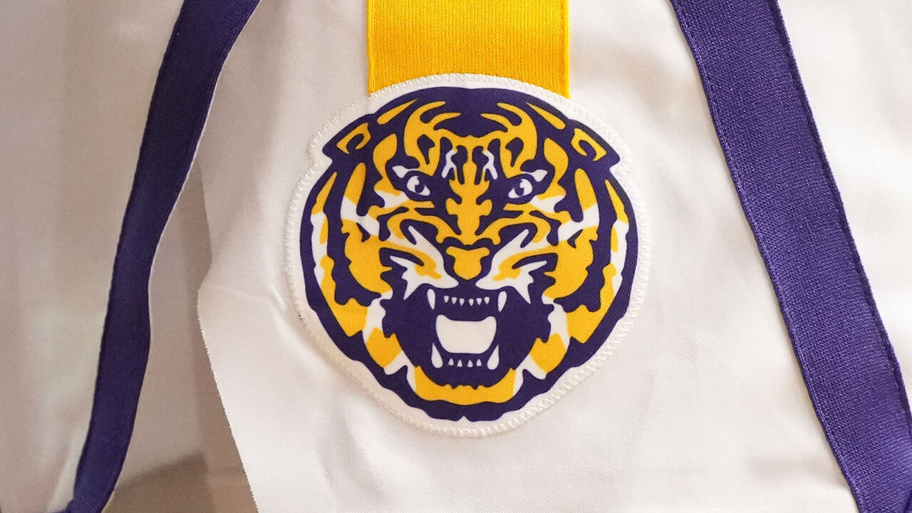 CHARLESTON, SC - NOVEMBER 16: The LSU Tigers logo on a pair of shorts during day one of the Shriners Children's Charleston Classic college basketball game against the Dayton Flyers at the TD Arena on November 16, 2023 in Charleston, South Carolina. *** Local Caption ***