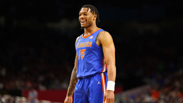 SAN ANTONIO, TEXAS - APRIL 05: Alijah Martin #15 of the Florida Gators reacts to a play during the first half in the Final Four Game of the NCAA Men's Basketball Tournament at Alamodome on April 05, 2025 in San Antonio, Texas.