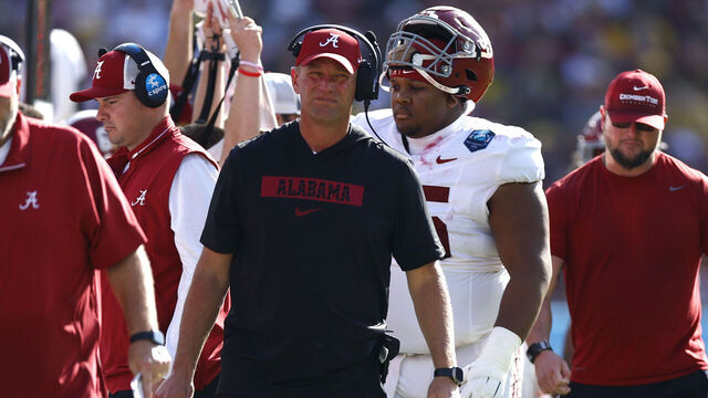 TAMPA, FLORIDA - DECEMBER 31: Head coach Kalen DeBoer of the Alabama Crimson Tide looks on during the third quarter against the Michigan Wolverines in the 2024 ReliaQuest Bowl at Raymond James Stadium on December 31, 2024 in Tampa, Florida.