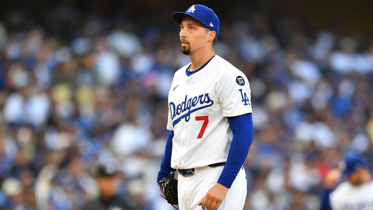 LOS ANGELES, CA - APRIL 02: Los Angeles Dodgers pitcher Blake Snell (7) looks on during the MLB game between the Atlanta Braves and the Los Angeles Dodgers on April 2, 2025 at Dodger Stadium in Los Angeles, CA.