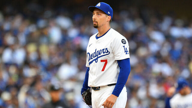 LOS ANGELES, CA - APRIL 02: Los Angeles Dodgers pitcher Blake Snell (7) looks on during the MLB game between the Atlanta Braves and the Los Angeles Dodgers on April 2, 2025 at Dodger Stadium in Los Angeles, CA.