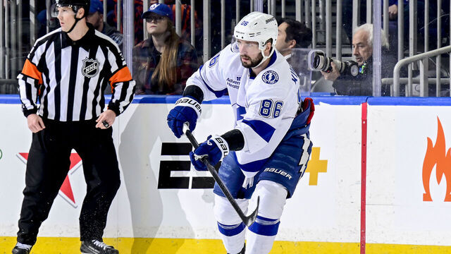 ELMONT, NEW YORK - APRIL 01: Nikita Kucherov #86 of the Tampa Bay Lightning skates against the New York Islanders during the game at UBS Arena on April 01, 2025 in Elmont, New York.